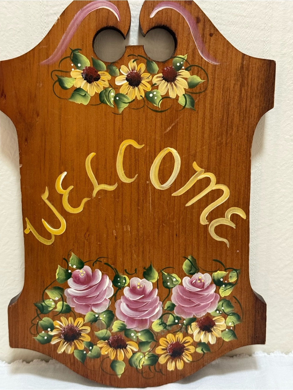 Welcome Hand-Painted Wood Wall Sign - Floral Pink and Yellow - Picture 2 of 9